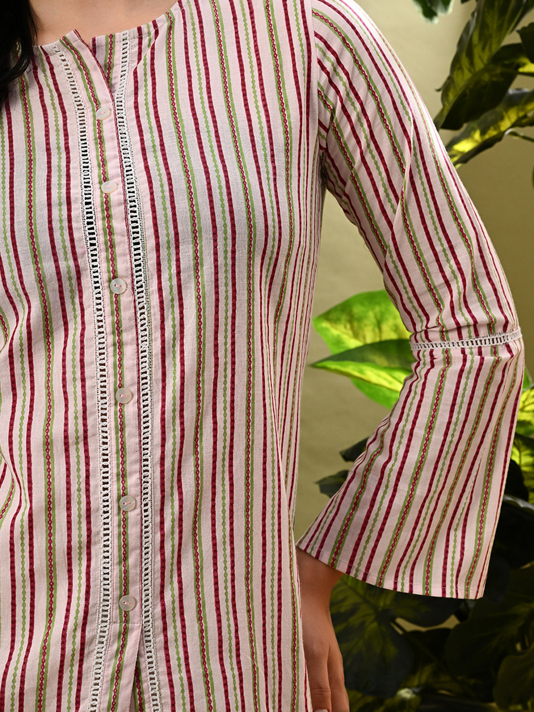Myshka Women's Multi Stripe Printed Tunic With Lace