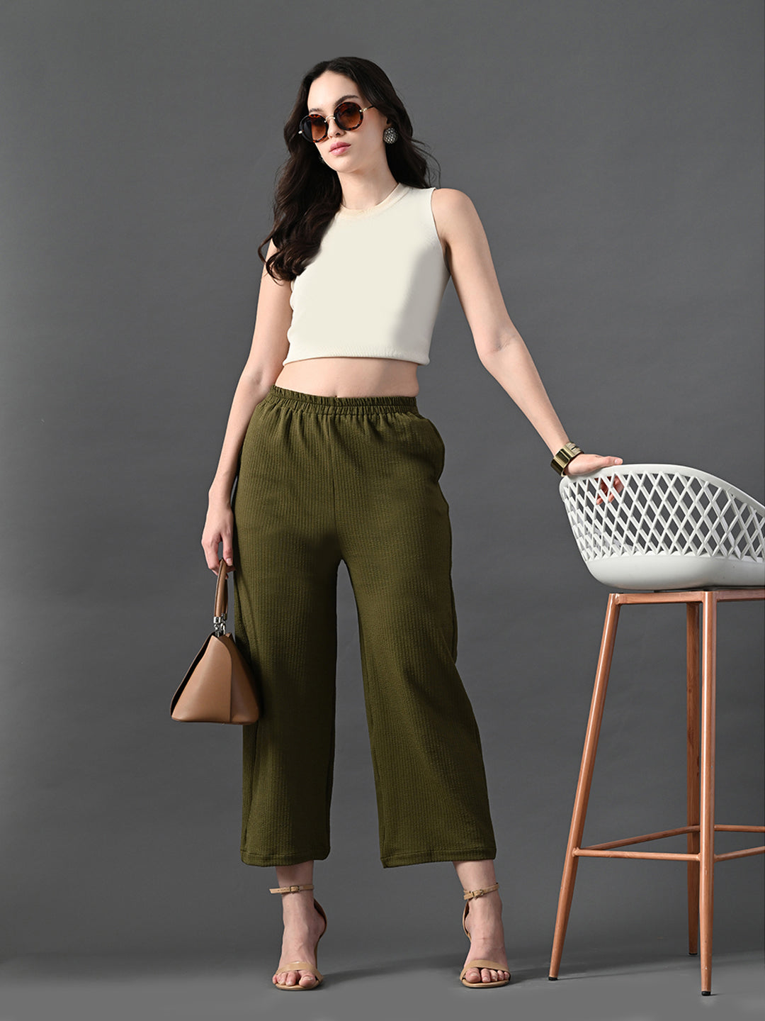 Myshka Women's Olive Traight Fit Party Trouser