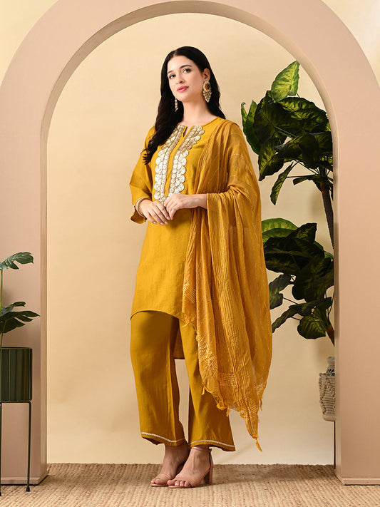 Myshka Women's Embroidered Keyhole Neck Bell Sleeves Kurta & Palazzos Set With Dupattas In Mustard Colour