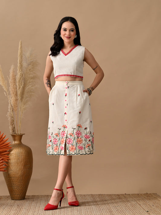 Myshka Women Multi Color Thread Floral Embroidered & Laced Sleeveless Top Pleated Skirt Fusion Wear