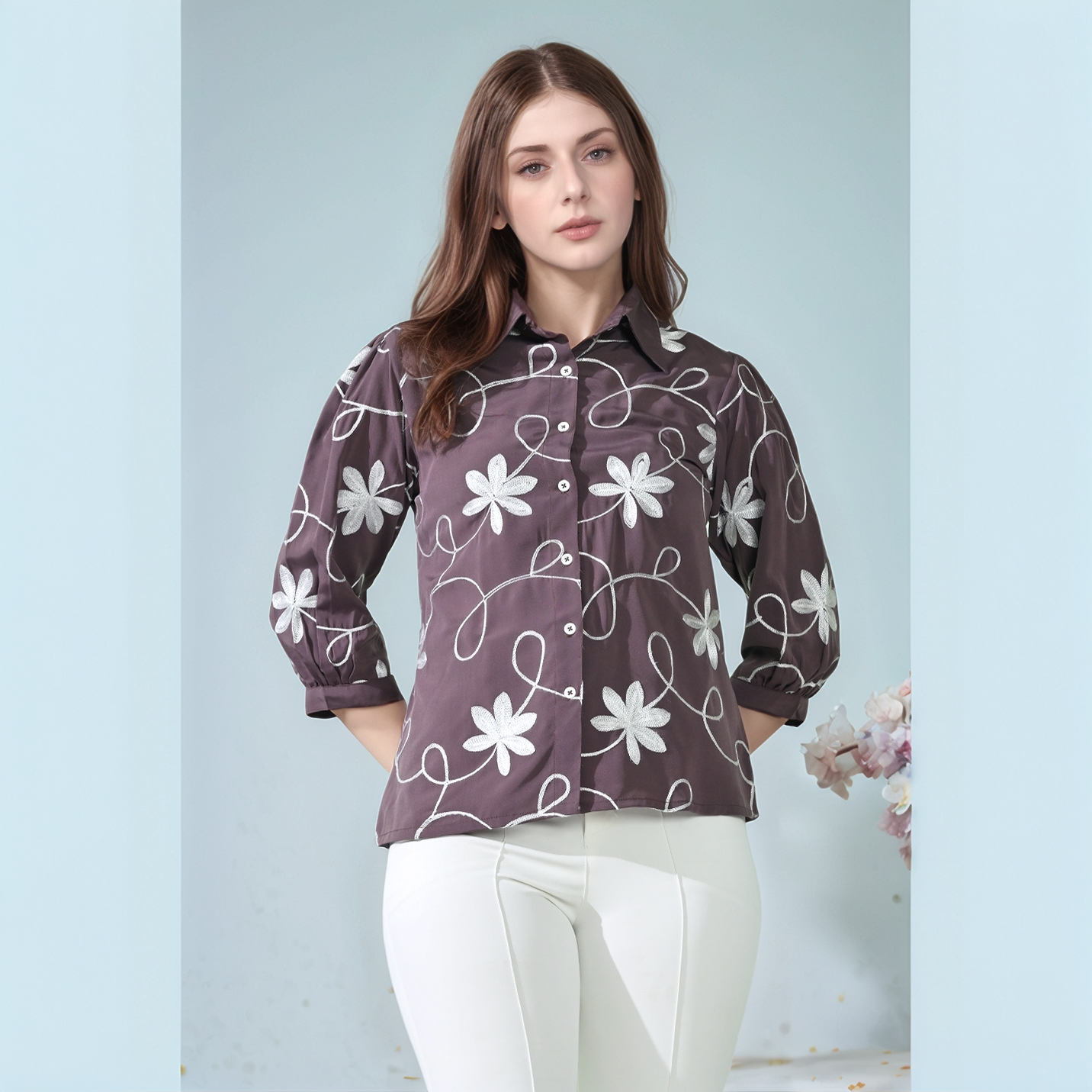 Myshka Women Causal Printed Shirt Style Embroidered Top Brown Color