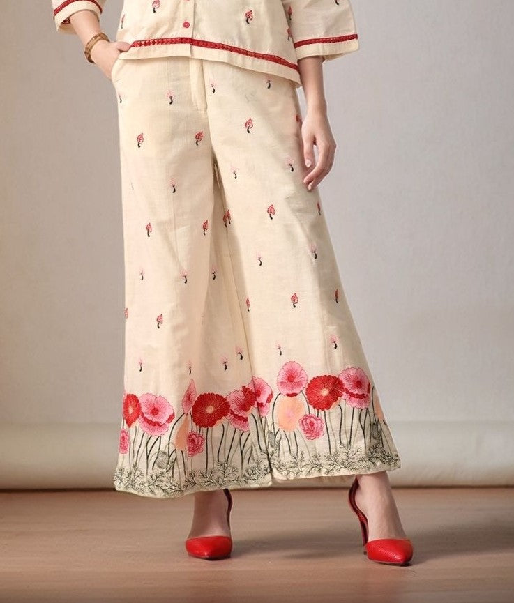 Myshka Women Red Thread Floral Embroidered Flared Trouser