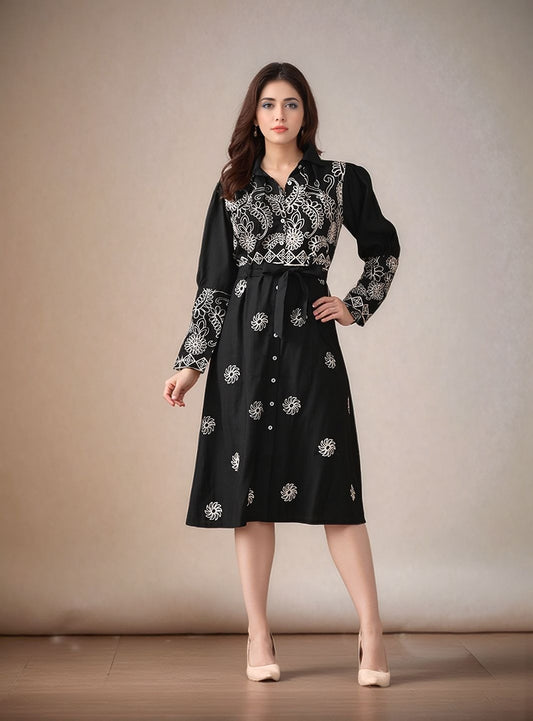 Myshka Women Black Embroidered Shirt Dress Trendy Full Sleeves