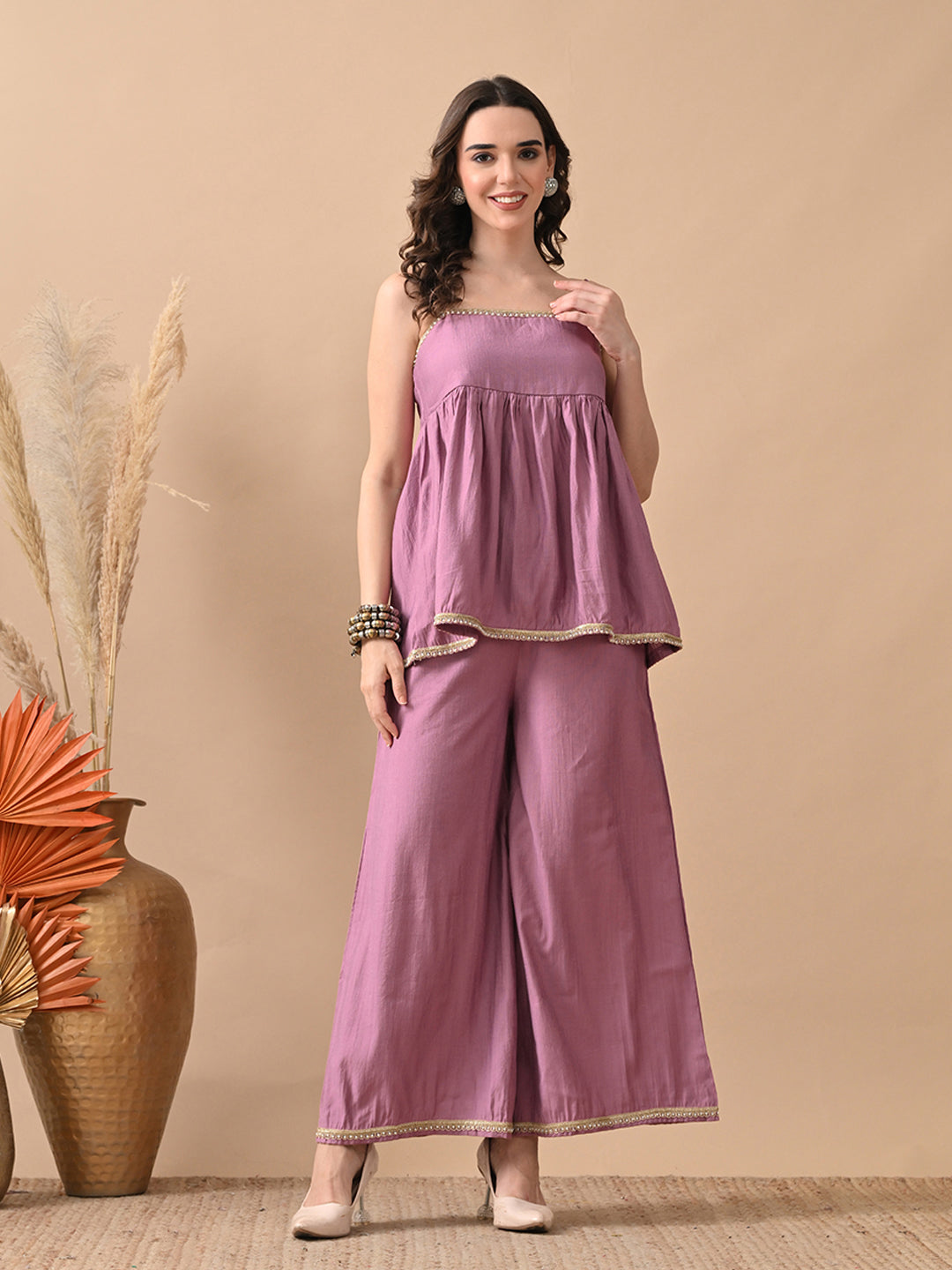 Myshka Women Lavender Self Design Peplum Top Trouser Festive