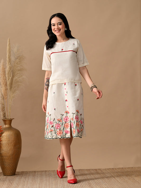Myshka Women Multi Color Thread Embroidered Self Design Top Pleated Skirt Fusion Wear