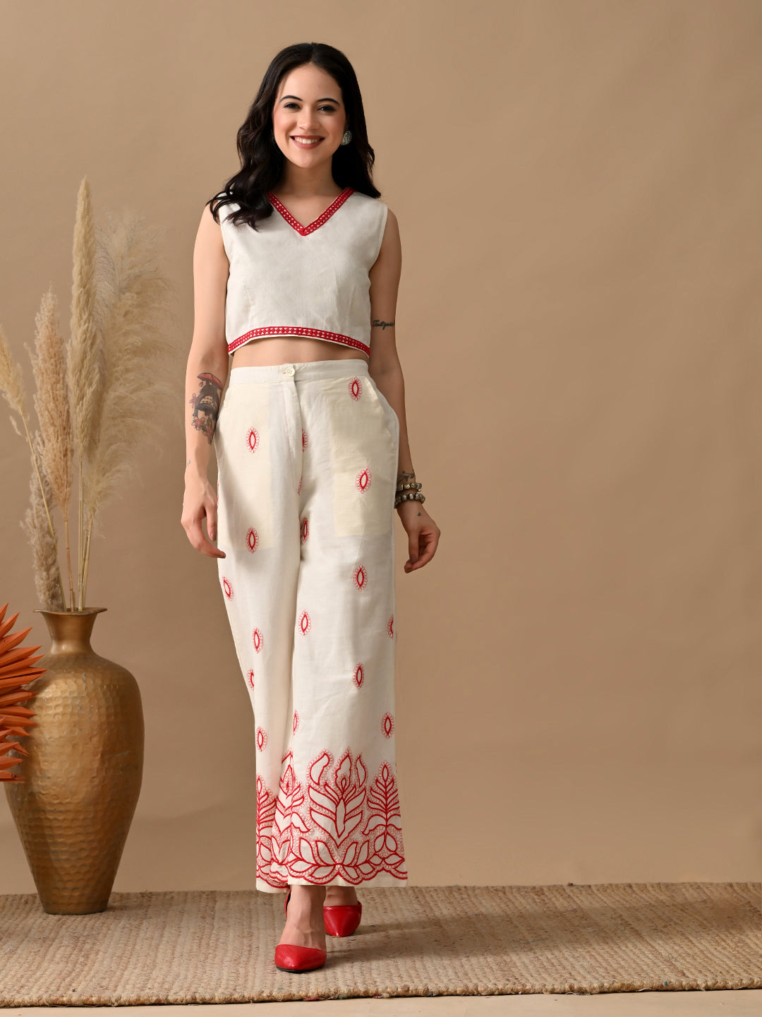 Myshka Women Red Ethnic Motif Embroidered & Laced Sleeveless Top Trouser Festive