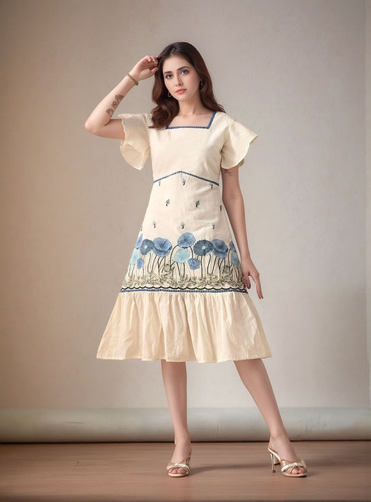 Myshka Women Blue Embroidered Laced Fitted Mermaid Dress Flared Sleeves
