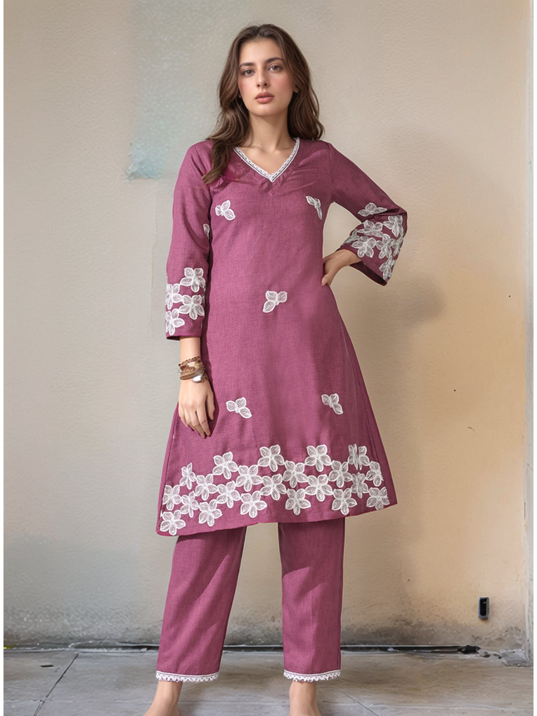 Myshka Women Embroidered Calf Length Mauve Kurta With Palazzo