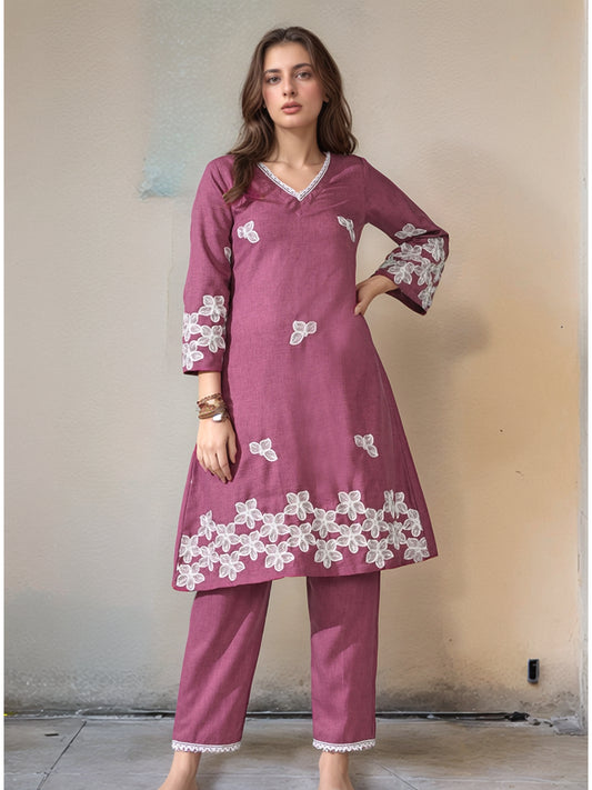 Myshka Women Embroidered Calf Length Mauve Kurta With Palazzo