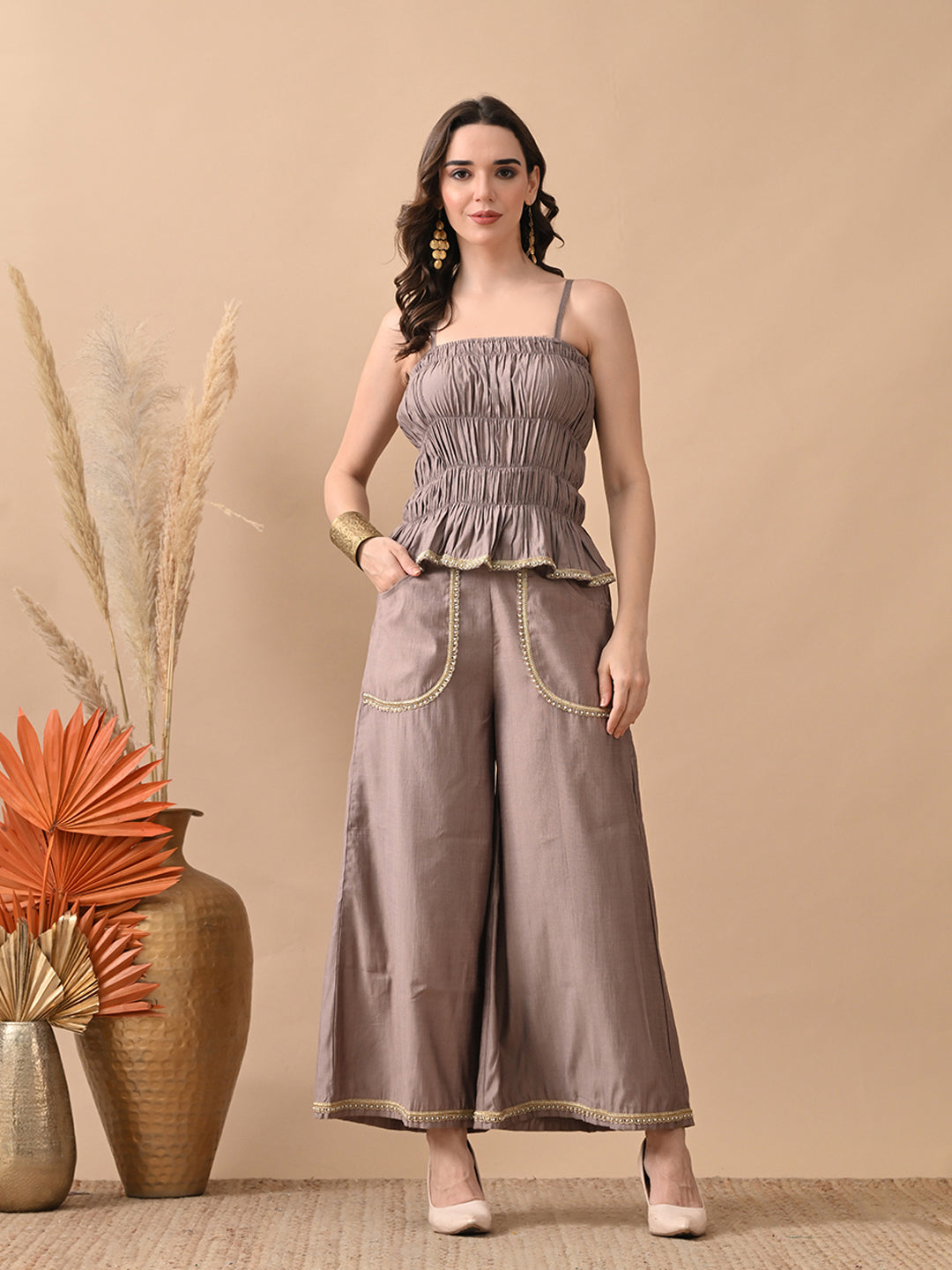 Myshka Women Grey Self Design Tube Top Trouser Festive