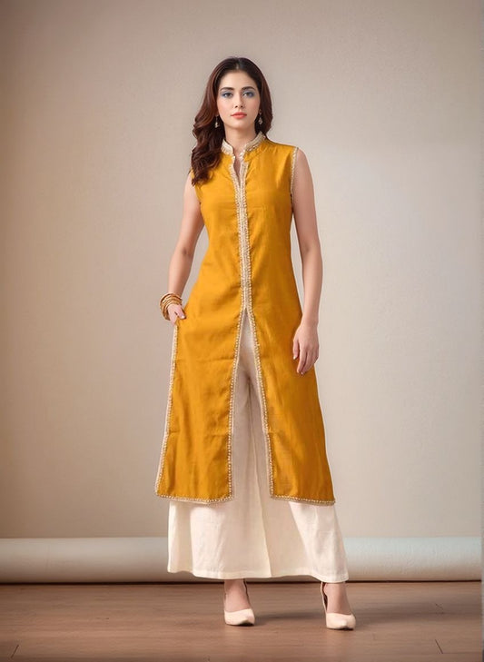 Myshka Women Kurta Set Yellow Laced Panel Kurta with Palazzo Round Neck A-line