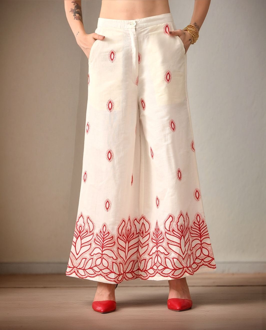 Myshka Women Red Ethnic Motif Embroidered Flared Trouser