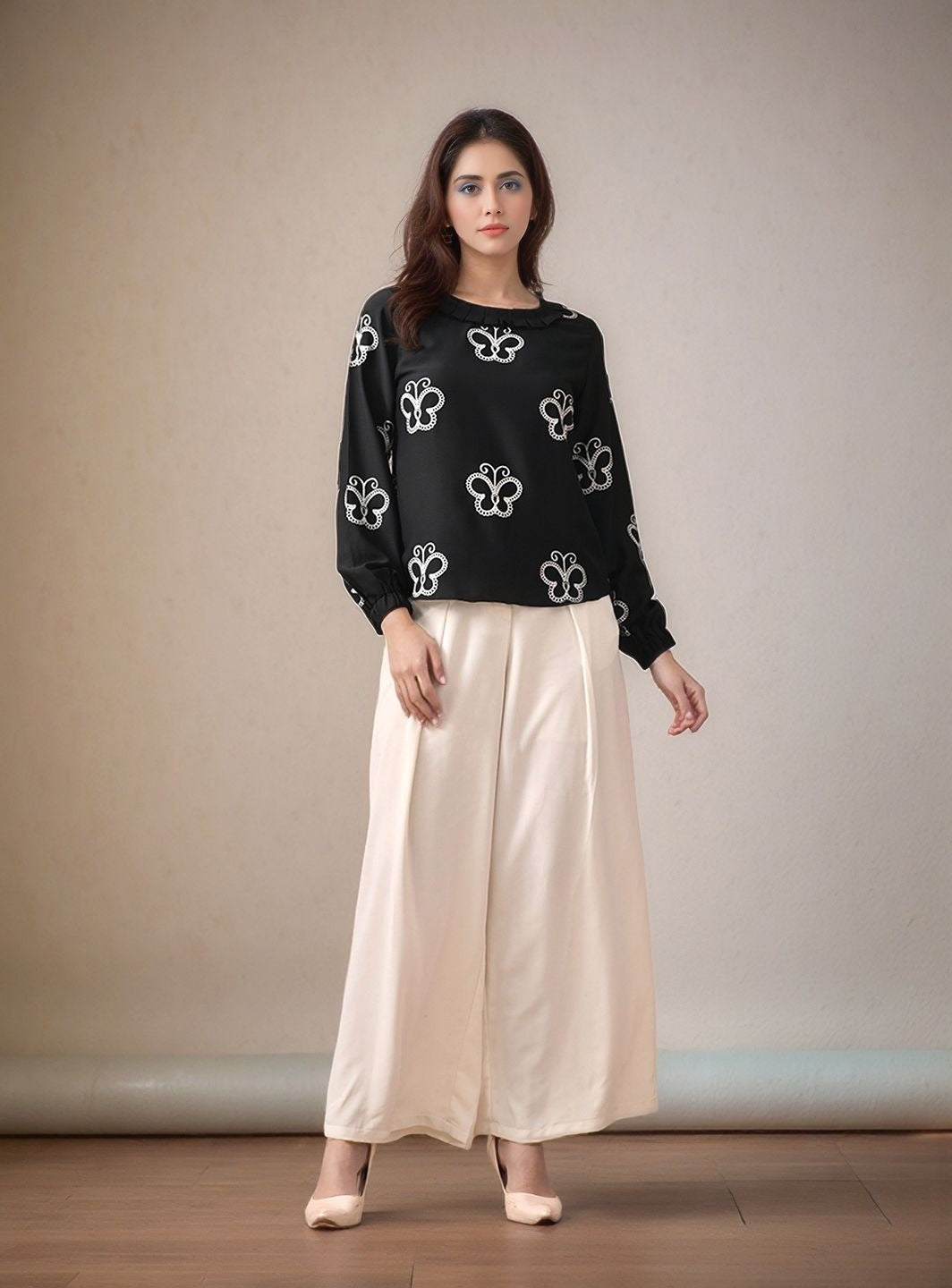Myshka Women Black Butterfly Embroidered Shirt style Top