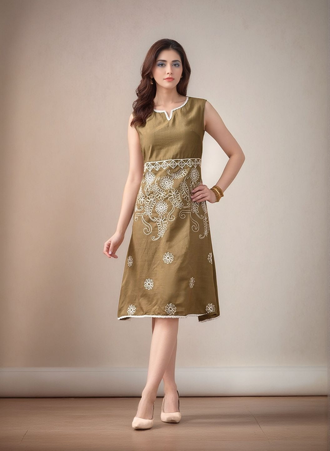 Myshka Women Olive Green Embroidered Dress Sleeveless