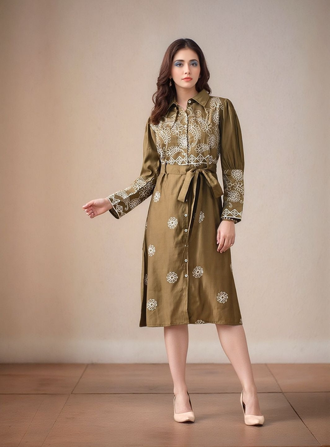Myshka Women Olive Green Embroidered Shirt Dress Trendy Full Sleeves