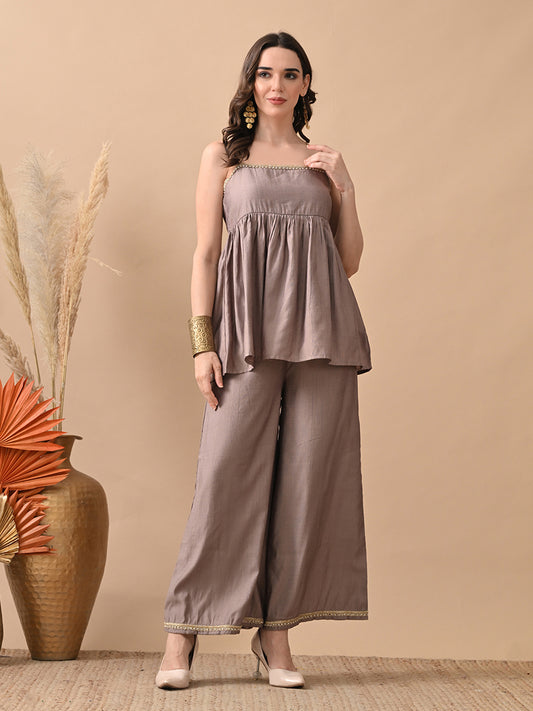 Myshka Women Grey Self Design Peplum Top Trouser Festive