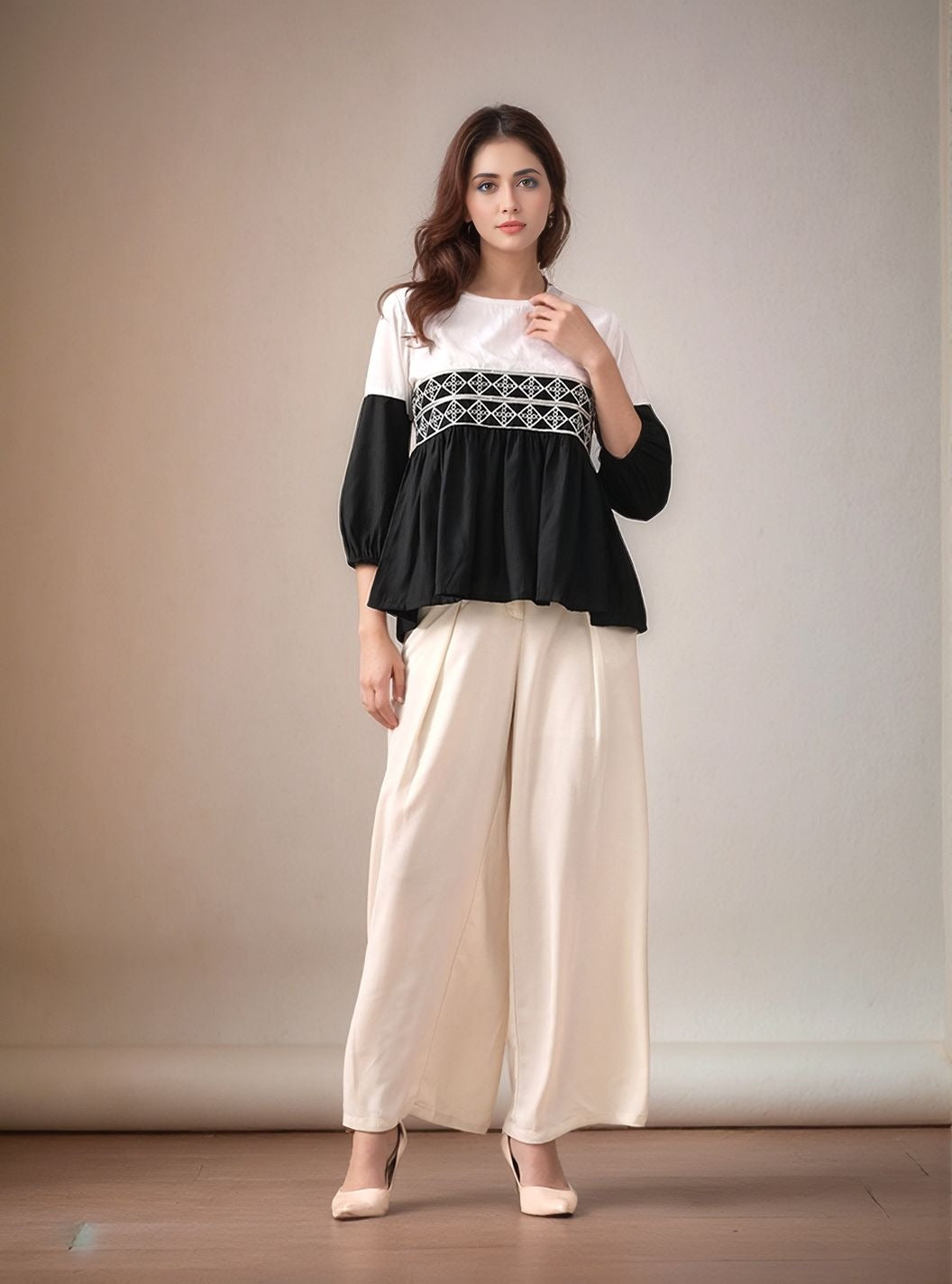Myshka Women Black & White Embroidered Peplum Top with Regular Fit