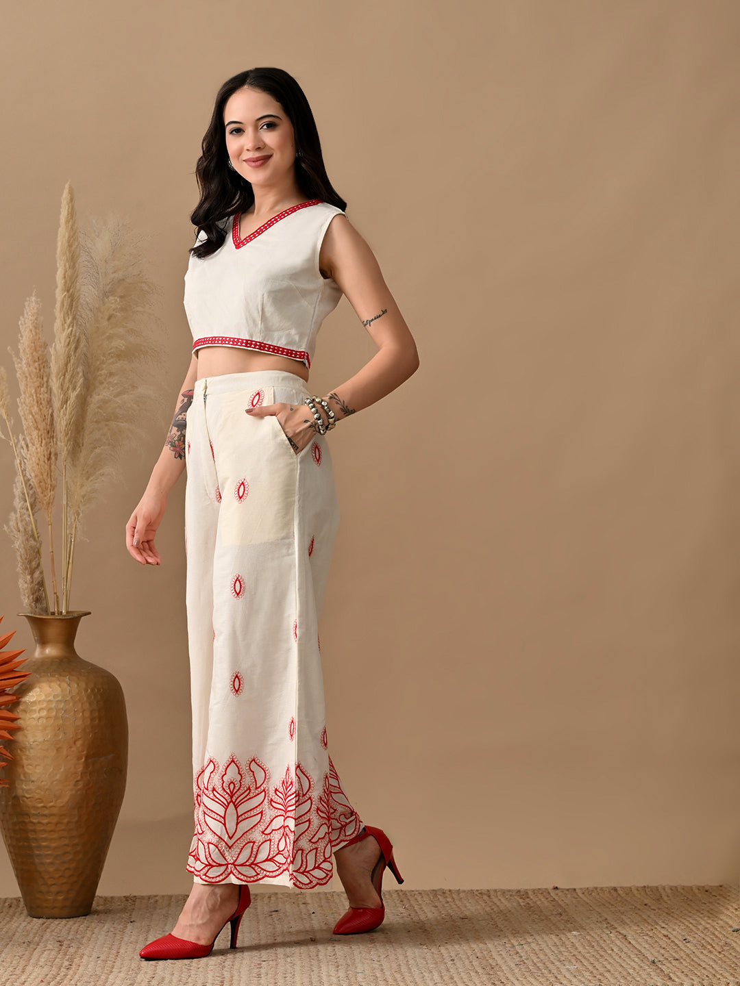 Myshka Women Red Ethnic Motif Embroidered & Laced Sleeveless Top Trouser Festive