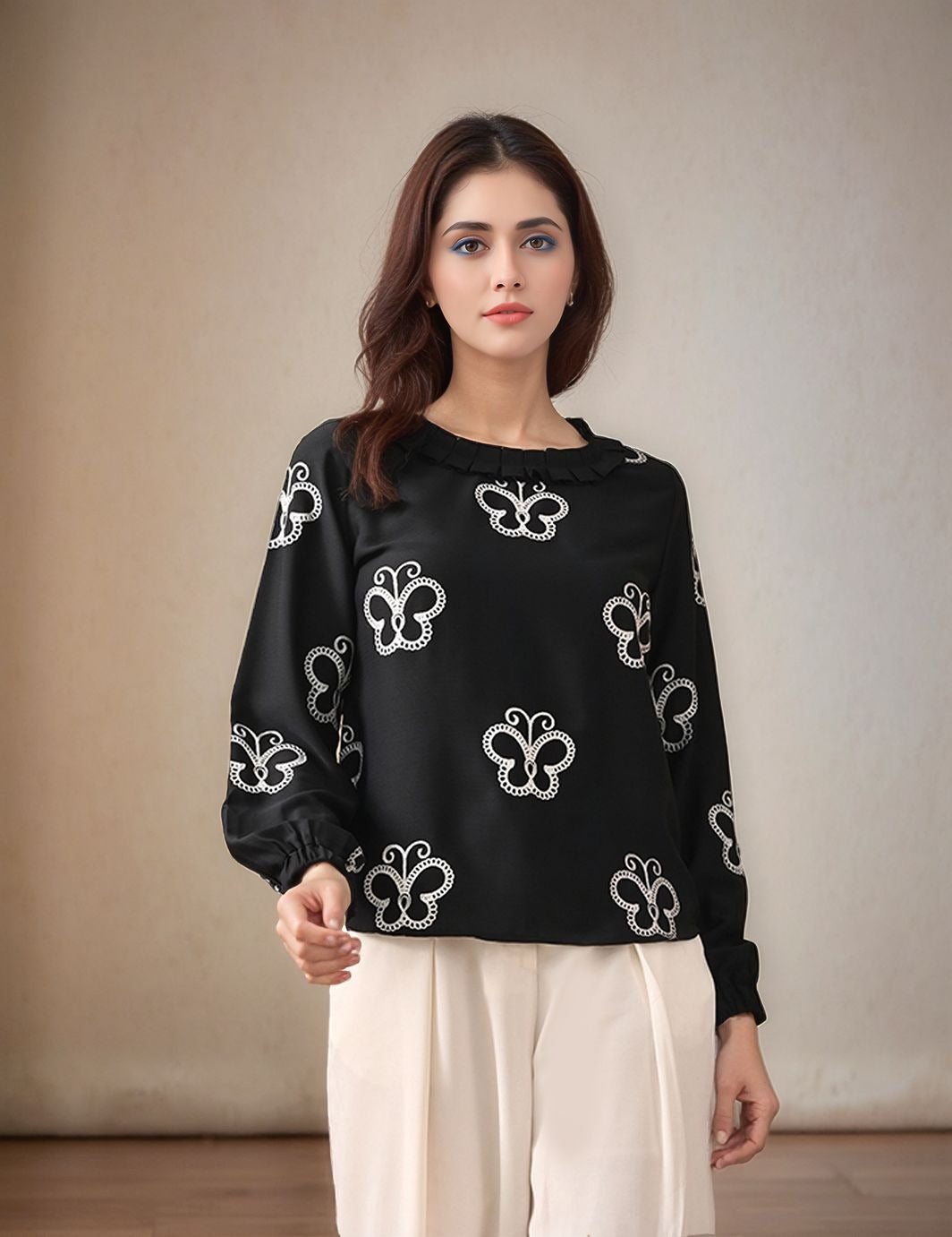 Myshka Women Black Butterfly Embroidered Shirt style Top