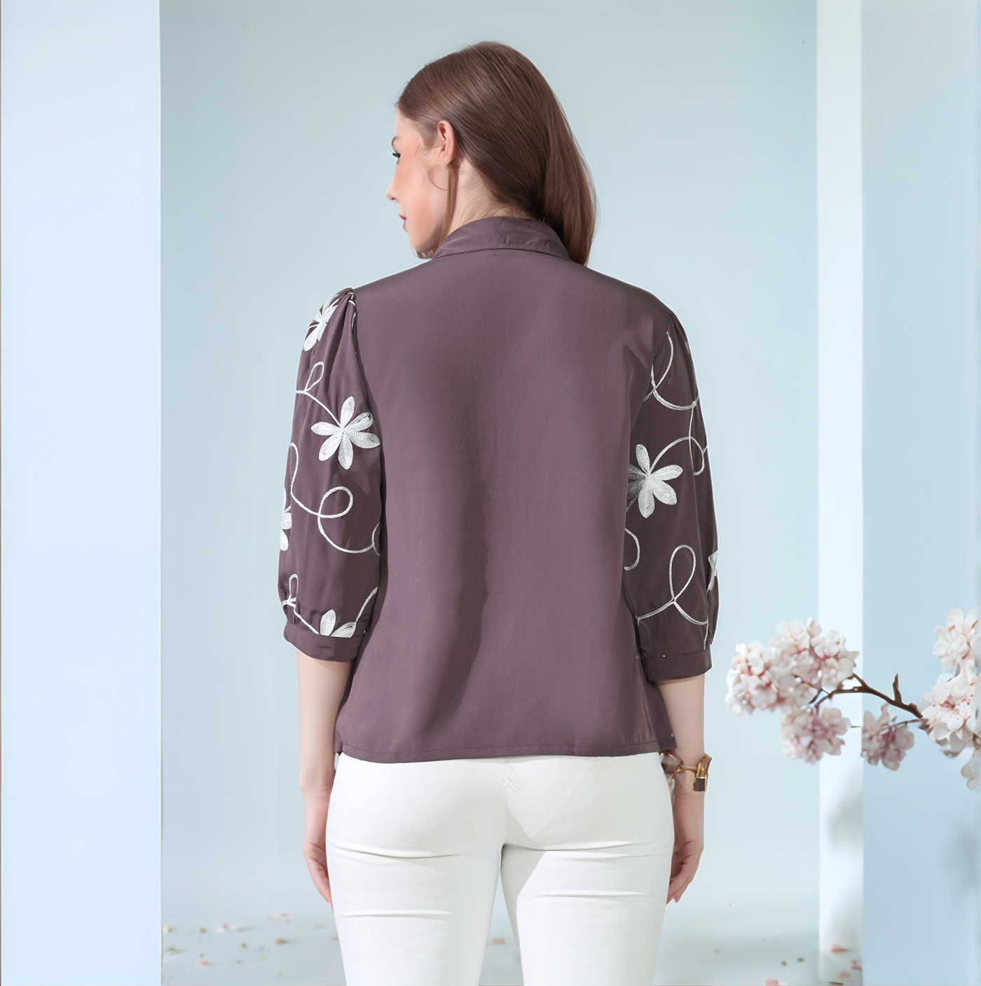 Myshka Women Causal Printed Shirt Style Embroidered Top Brown Color