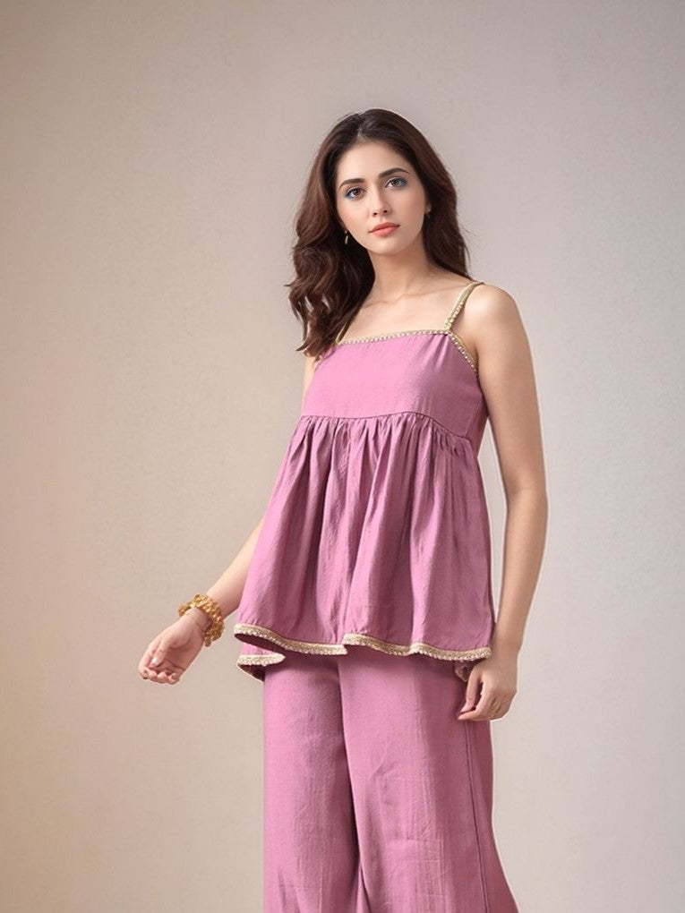 Myshka Women Lavender Laced Peplum Longline Top Shoulder Strap