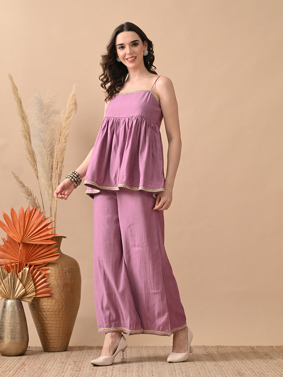 Myshka Women Lavender Self Design Peplum Top Trouser Festive