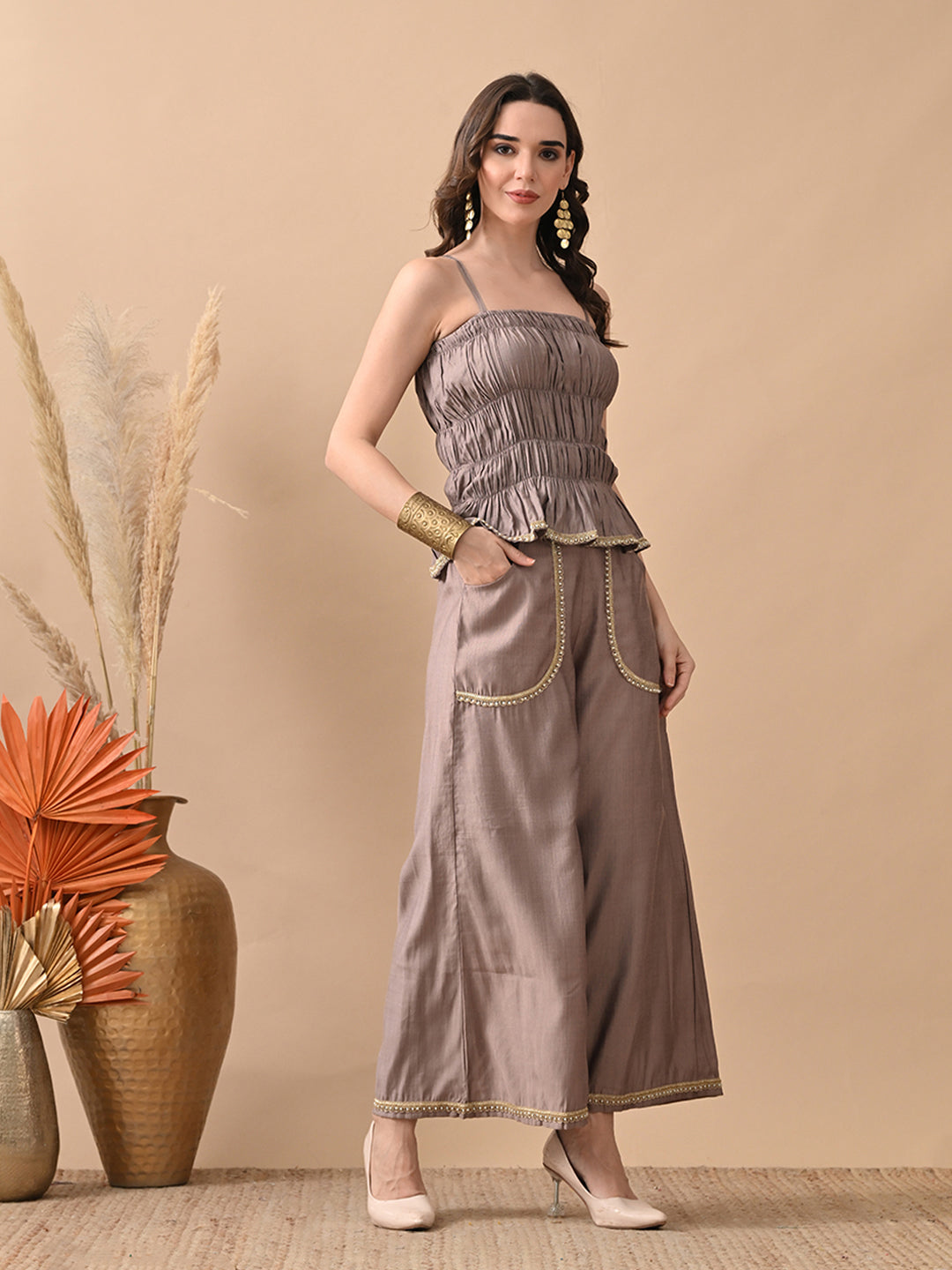 Myshka Women Grey Self Design Tube Top Trouser Festive