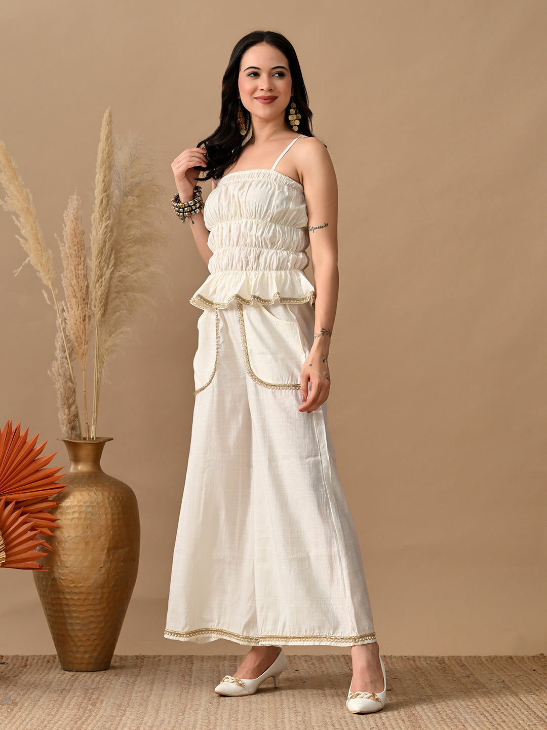 Myshka Women White Self Design Tube Top Trouser Festive