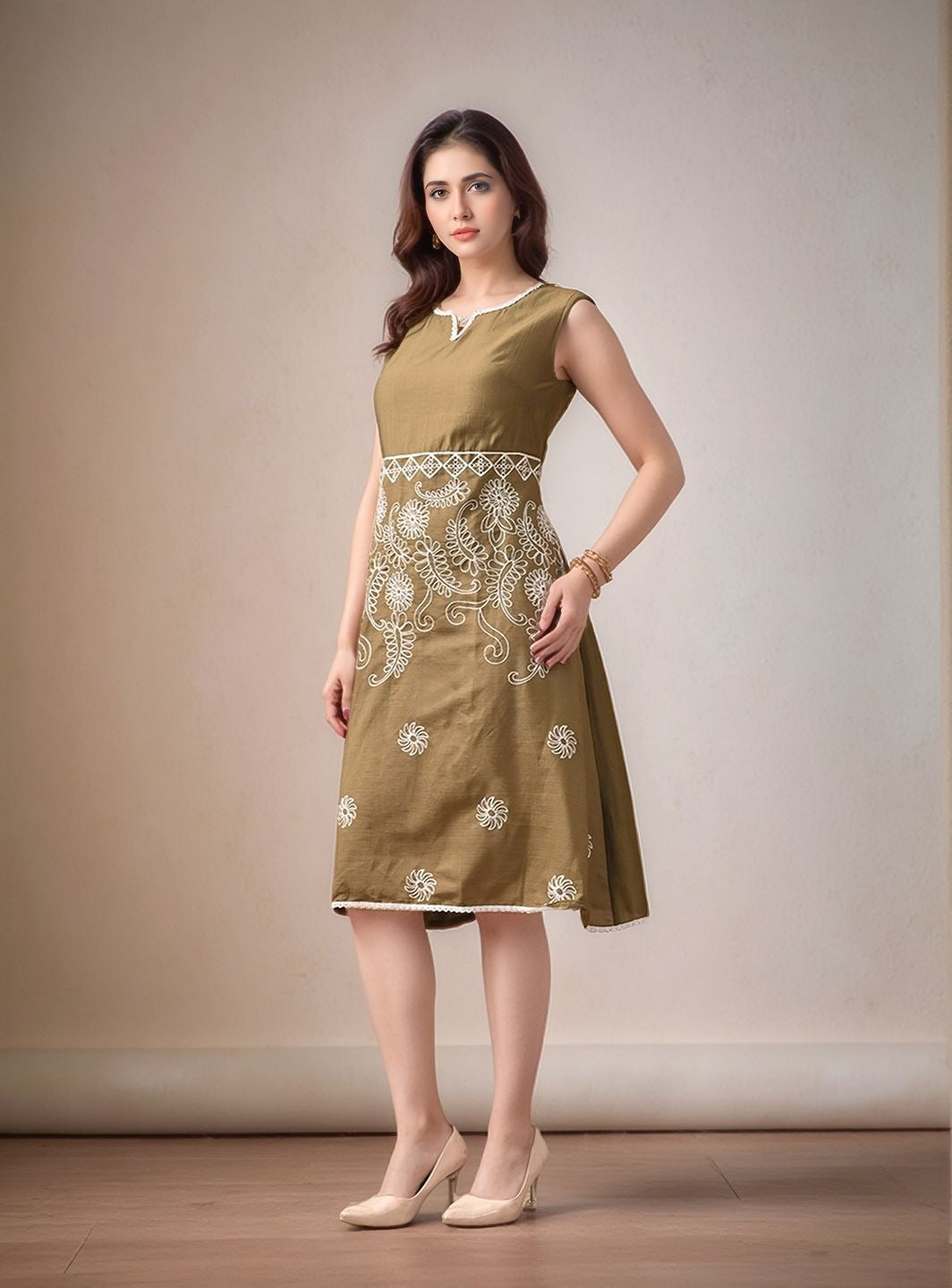 Myshka Women Olive Green Embroidered Dress Sleeveless