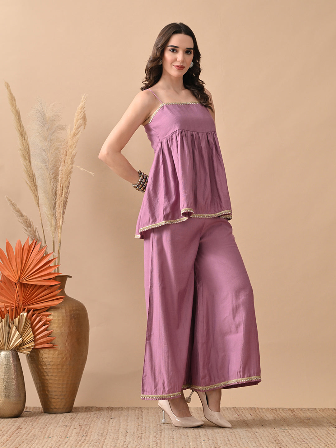 Myshka Women Lavender Self Design Peplum Top Trouser Festive