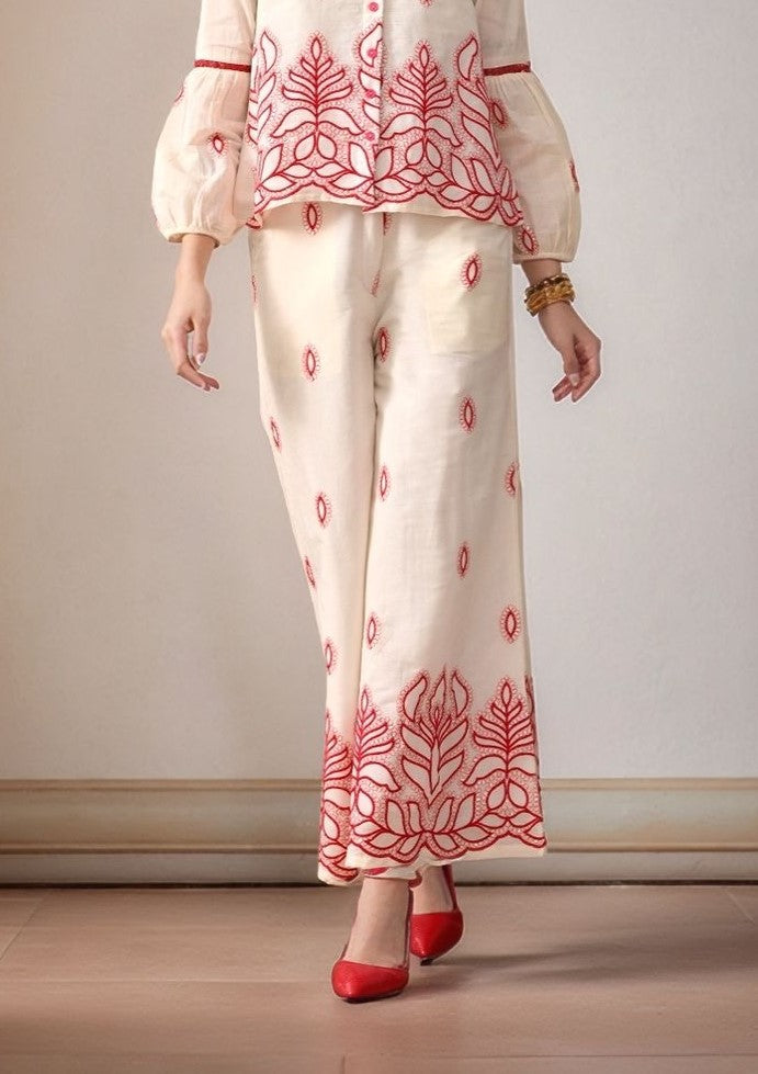 Myshka Women Red Ethnic Motif Embroidered Flared Trouser