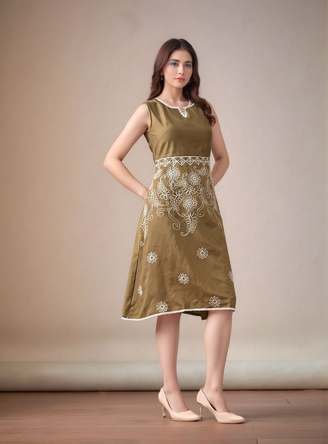 Myshka Women Olive Green Embroidered Dress Sleeveless