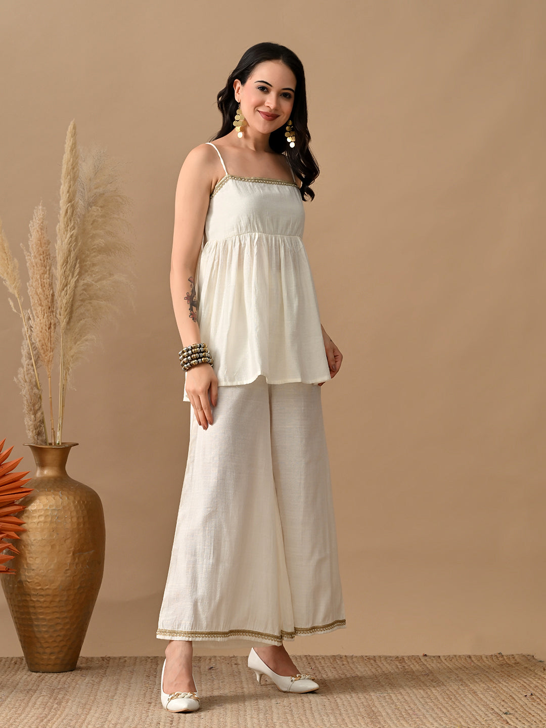 Myshka Women White Self Design Peplum Top Trouser Festive