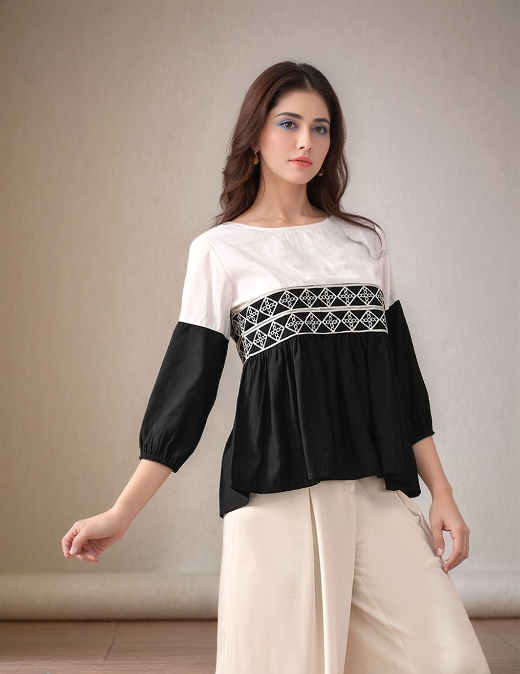 Myshka Women Black & White Embroidered Peplum Top with Regular Fit