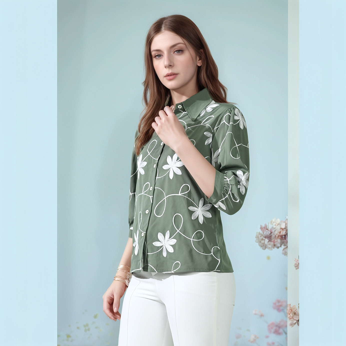 Myshka Women Causal Printed Shirt Style Embroidered Top Olive Color