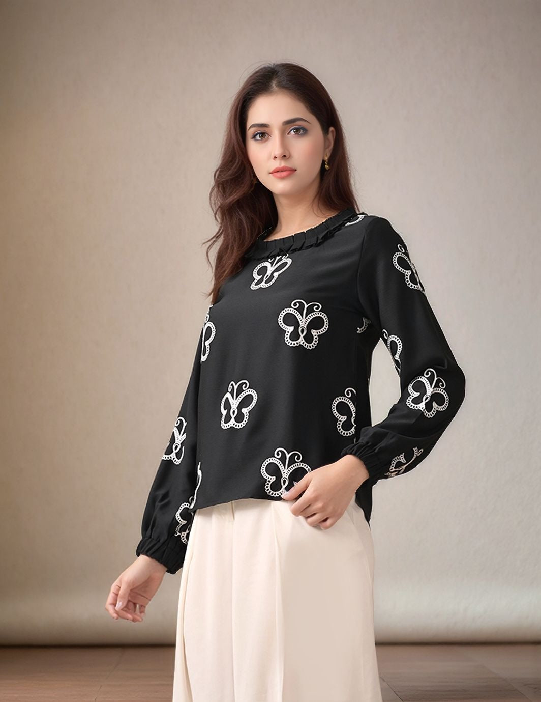 Myshka Women Black Butterfly Embroidered Shirt style Top