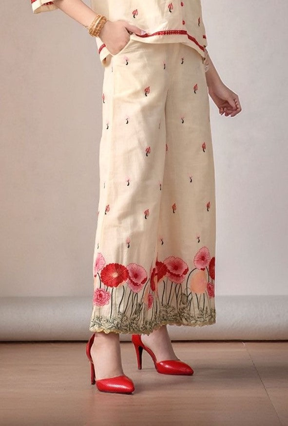 Myshka Women Red Thread Floral Embroidered Flared Trouser