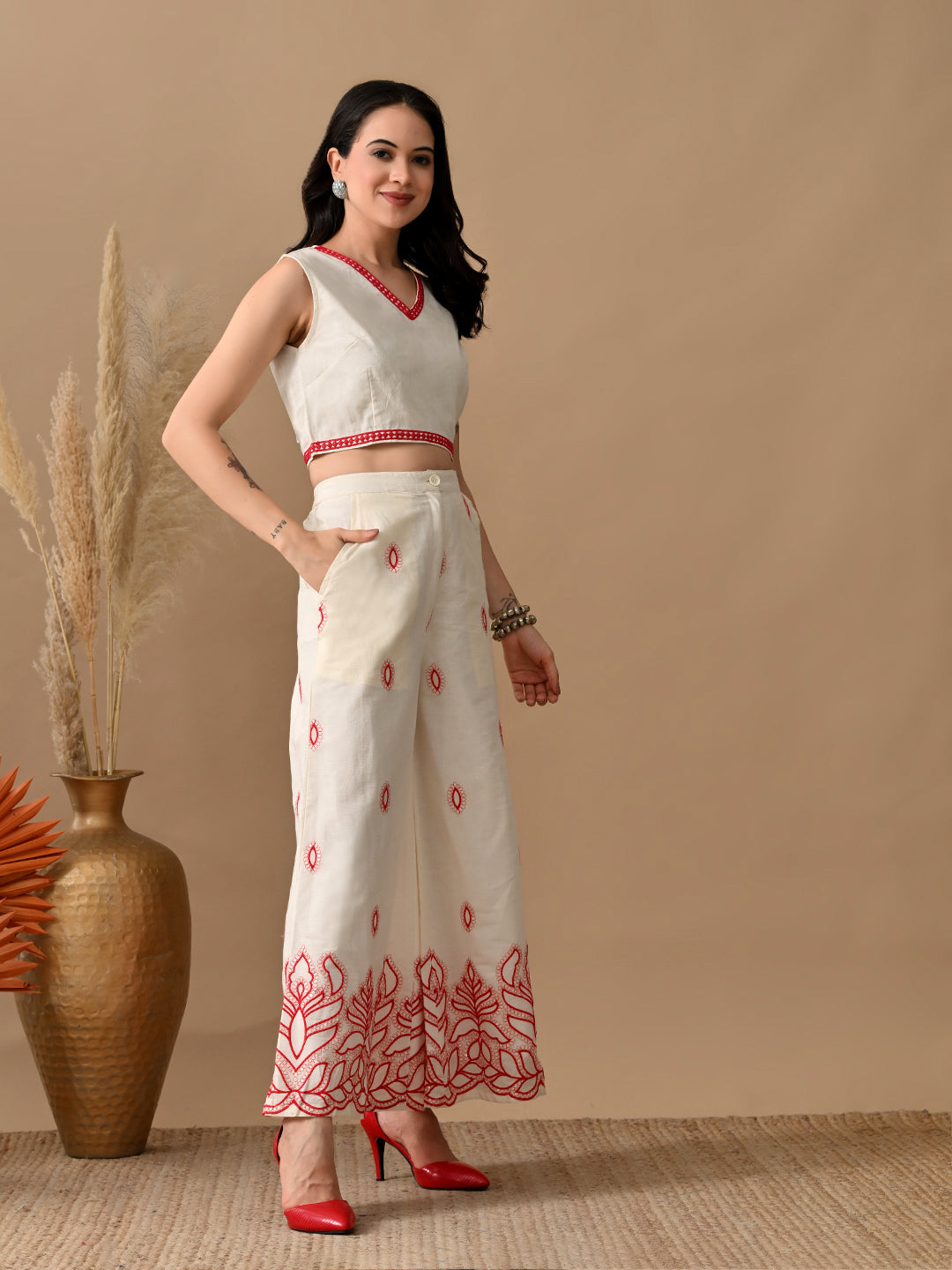 Myshka Women Red Ethnic Motif Embroidered & Laced Sleeveless Top Trouser Festive