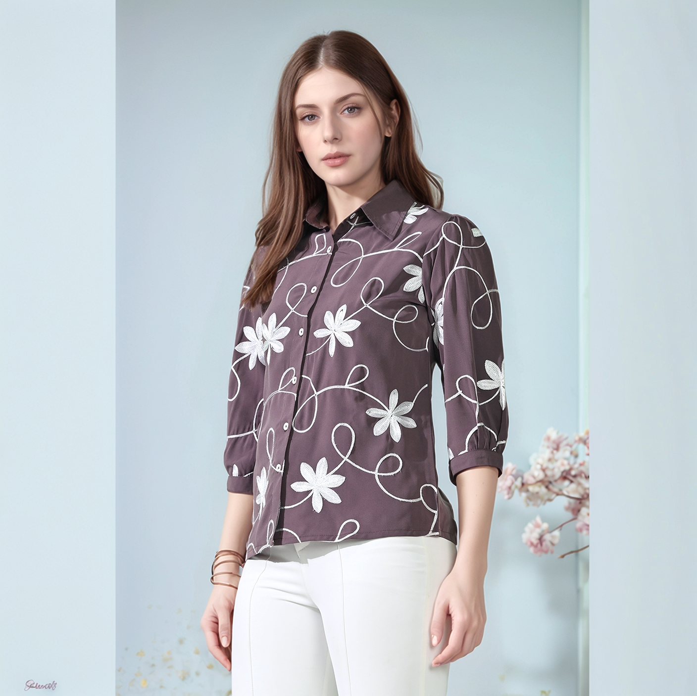 Myshka Women Causal Printed Shirt Style Embroidered Top Brown Color