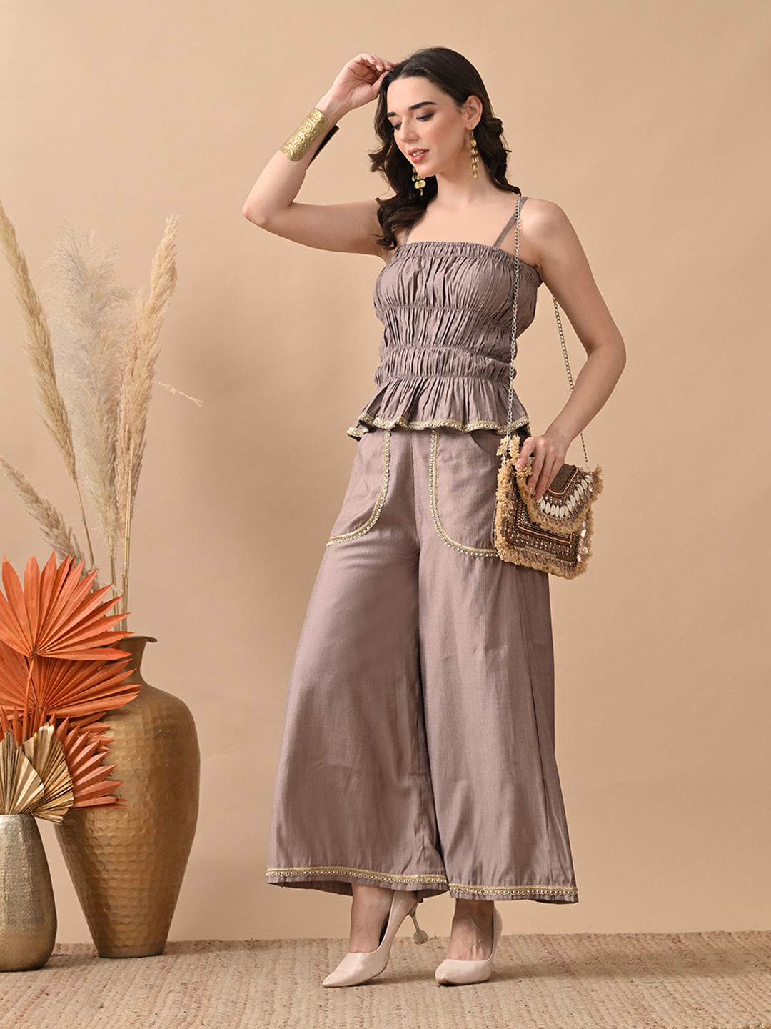 Myshka Women Grey Self Design Tube Top Trouser Festive