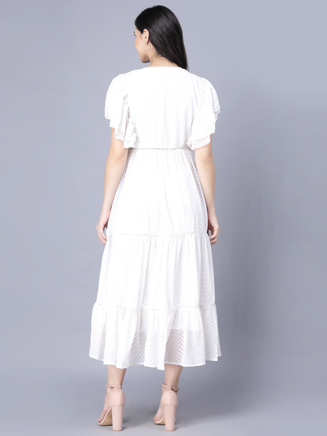 Myshka Georgette Solid Short Sleeve V Neck White Women Dress
