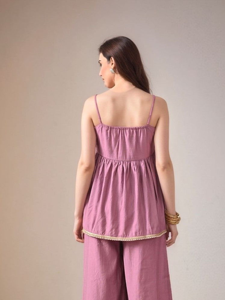 Myshka Women Lavender Laced Peplum Longline Top Shoulder Strap