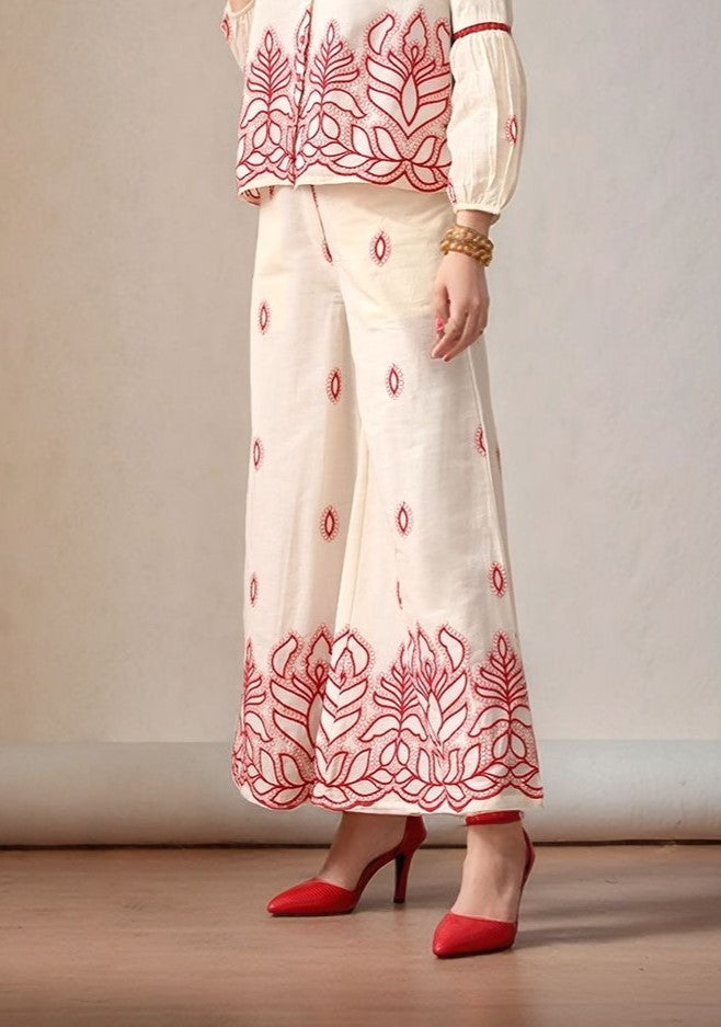 Myshka Women Red Ethnic Motif Embroidered Flared Trouser