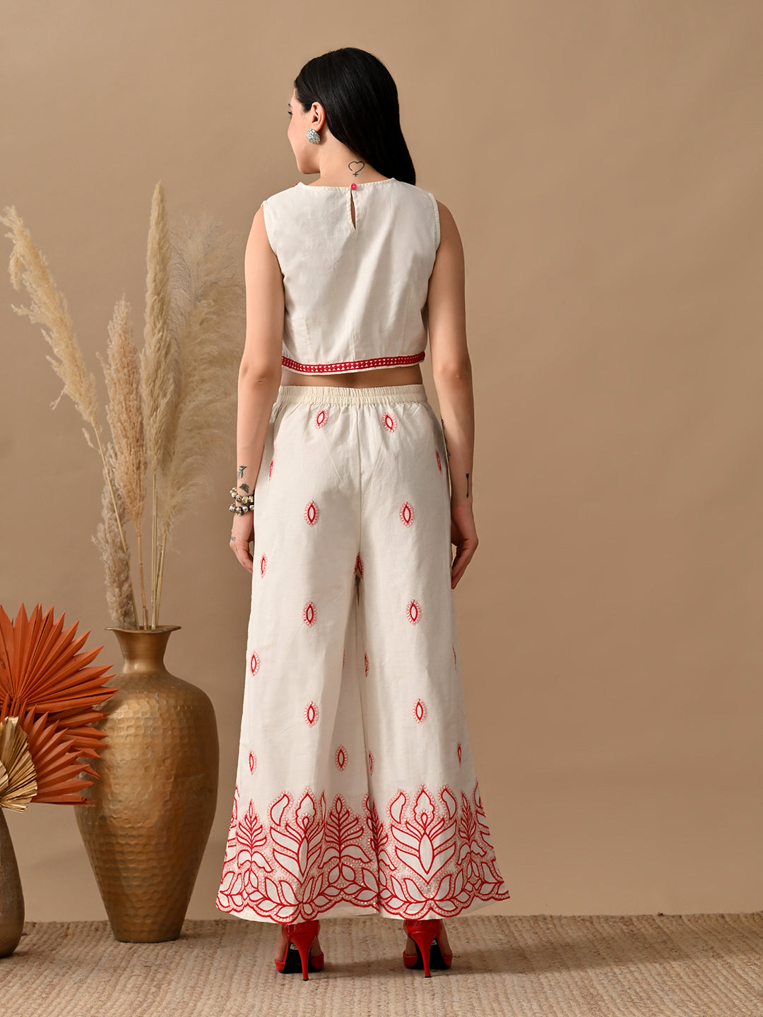Myshka Women Red Ethnic Motif Embroidered & Laced Sleeveless Top Trouser Festive