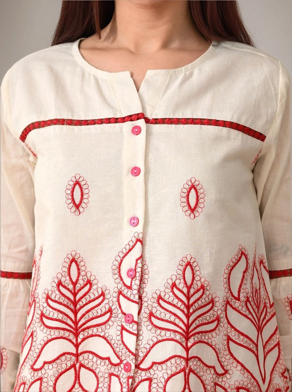 Myshka Women Red Embroidered Ethnic Motif Shirt Puffed Sleeve