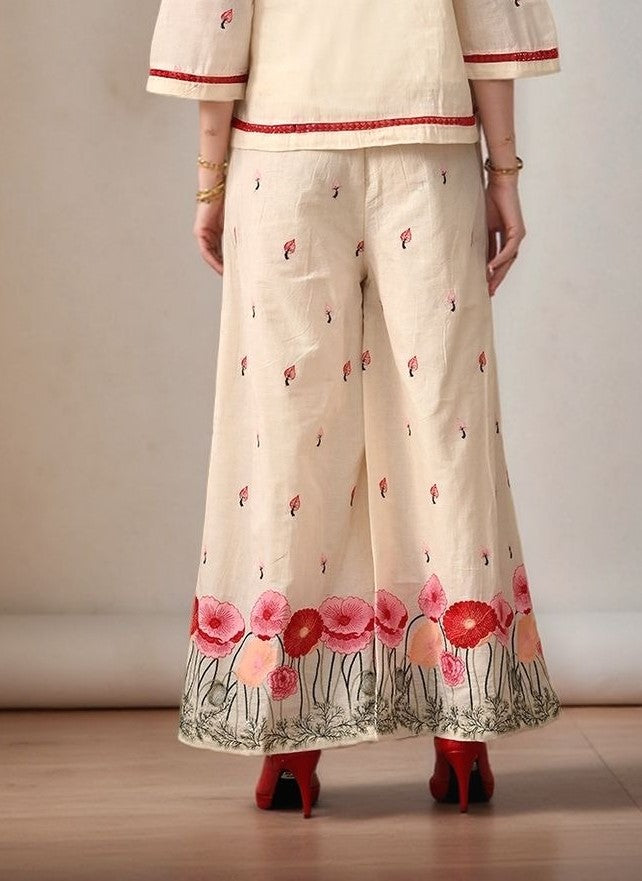 Myshka Women Red Thread Floral Embroidered Flared Trouser