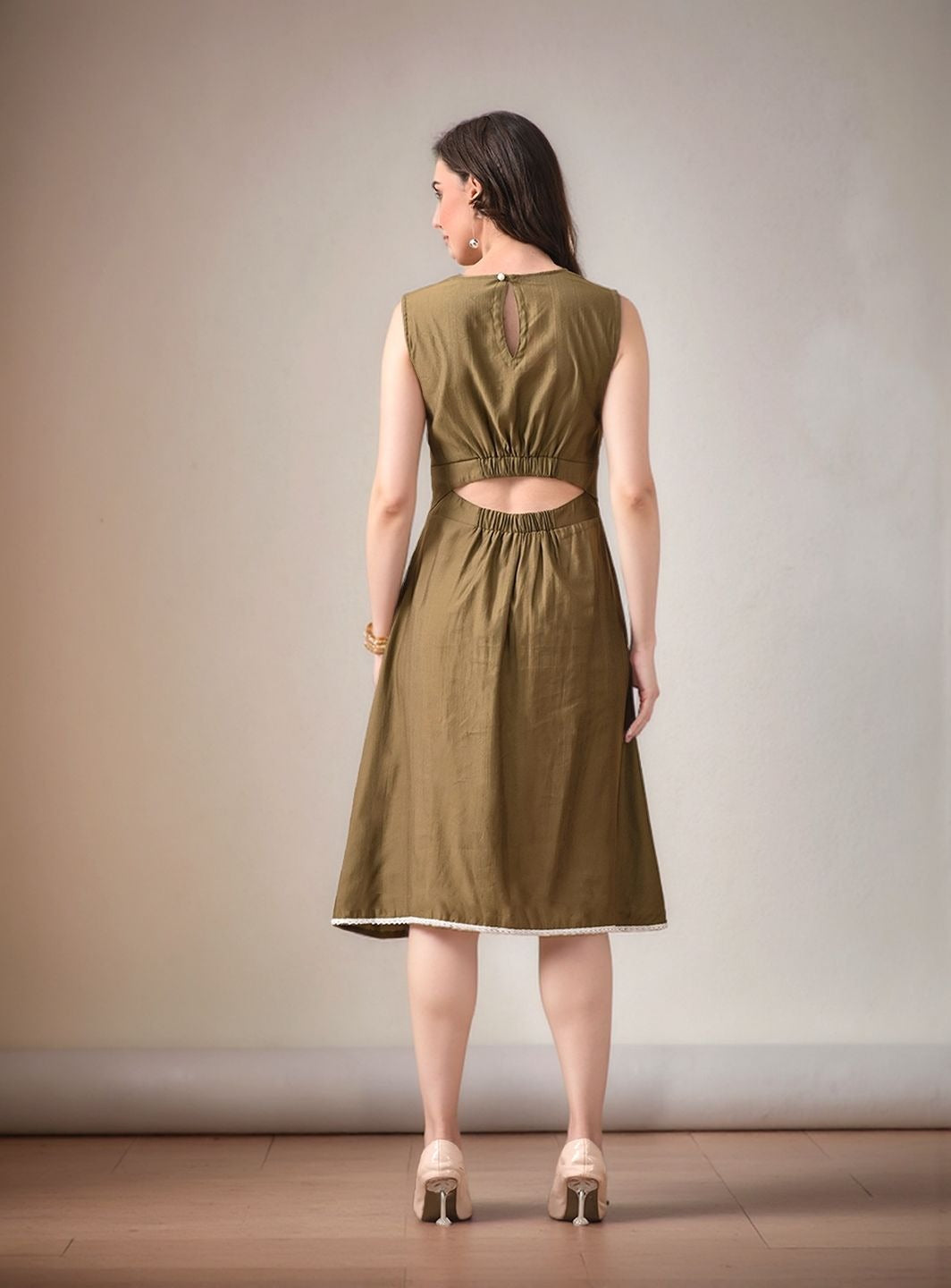 Myshka Women Olive Green Embroidered Dress Sleeveless