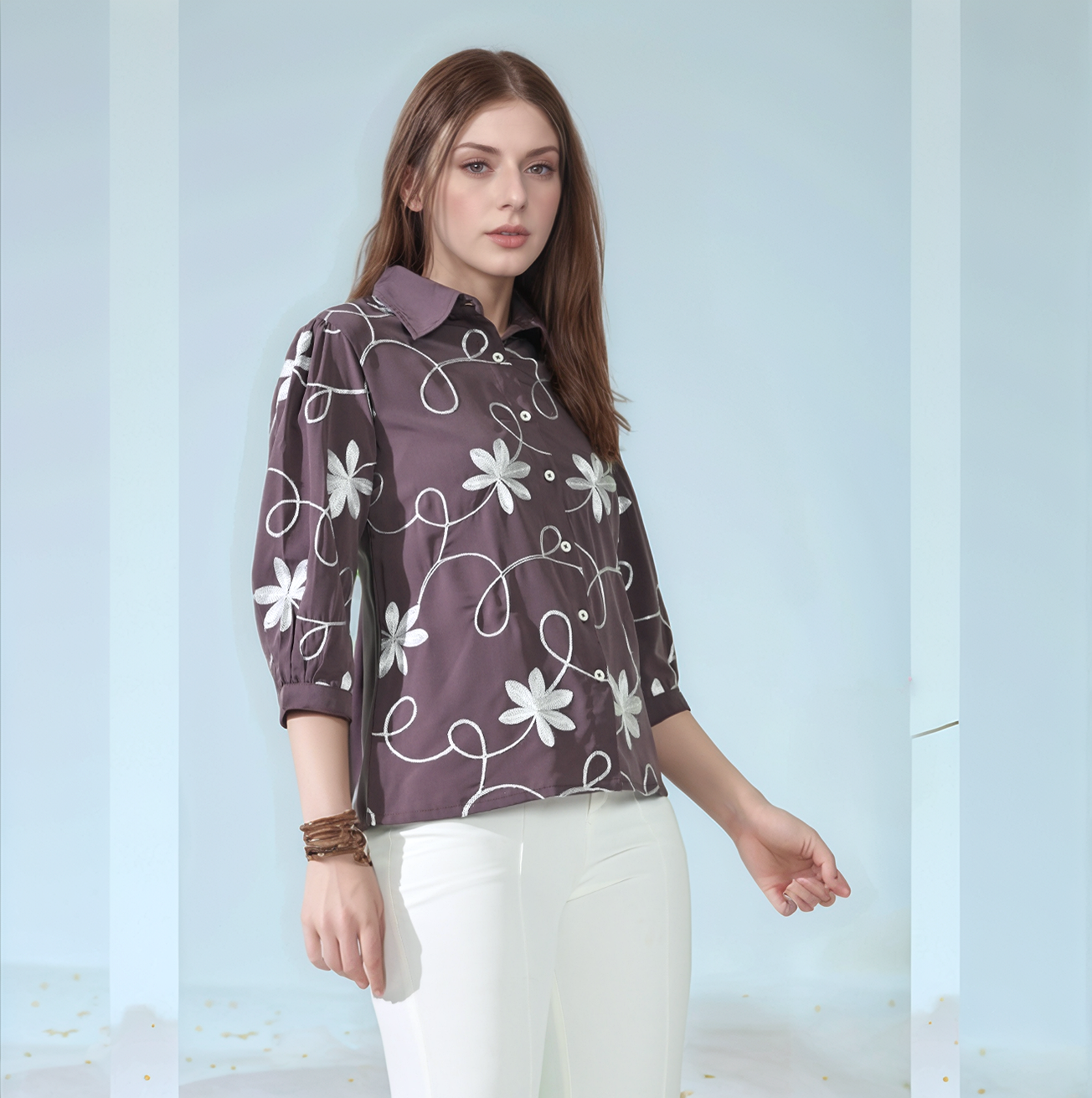 Myshka Women Causal Printed Shirt Style Embroidered Top Brown Color