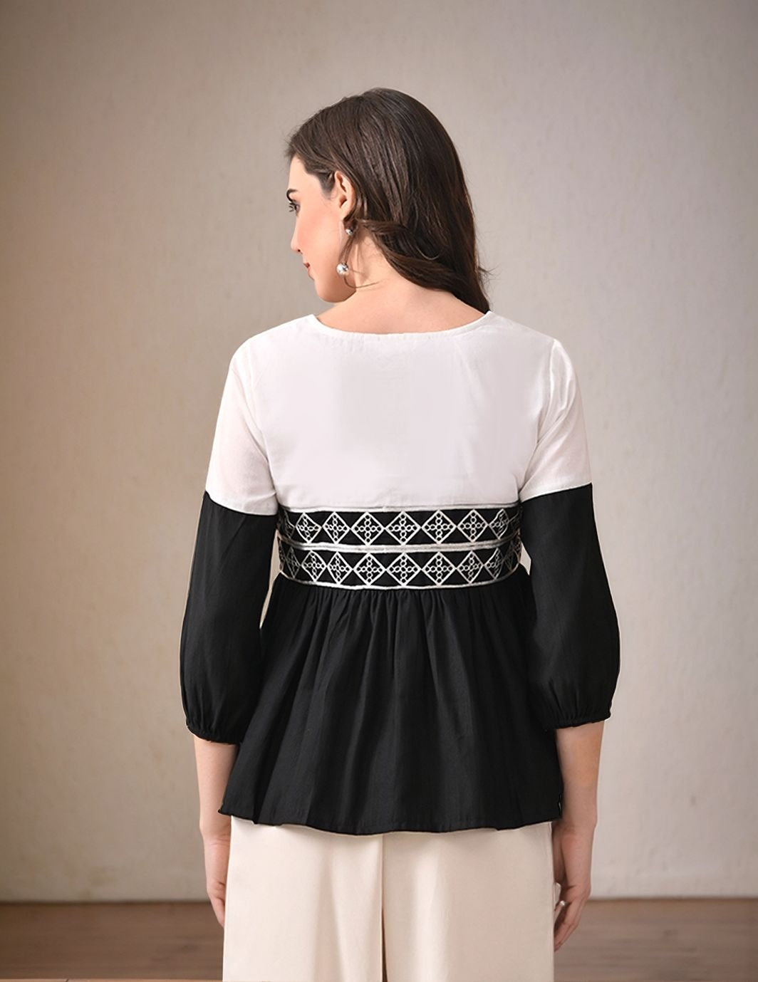 Myshka Women Black & White Embroidered Peplum Top with Regular Fit