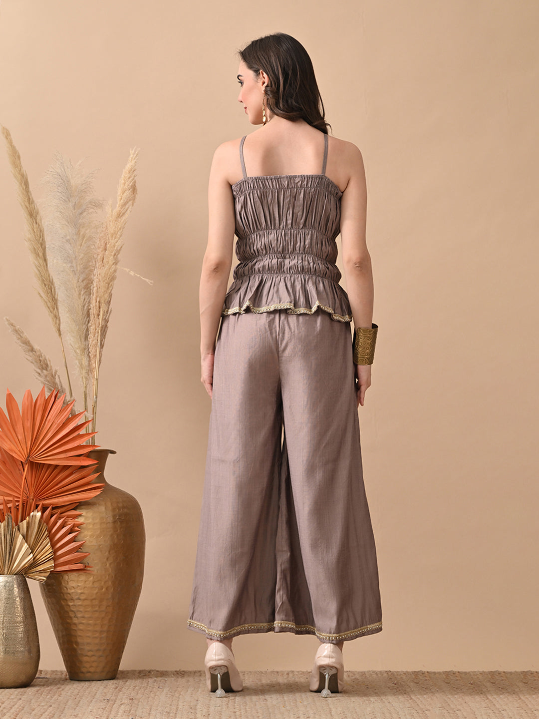 Myshka Women Grey Self Design Tube Top Trouser Festive